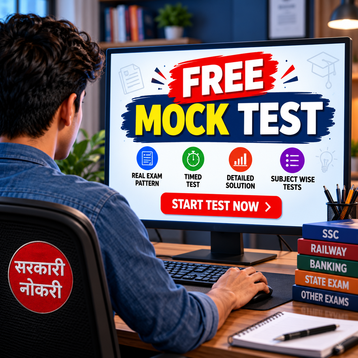 Free Mock Test with SARKARINOKAARI logo on chair