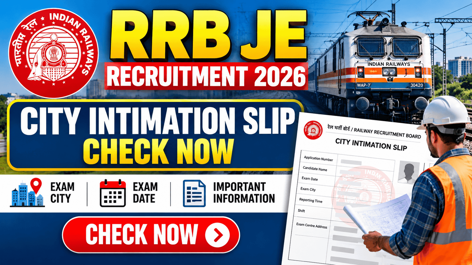 RRB JE City Intimation Slip Cheak 2026