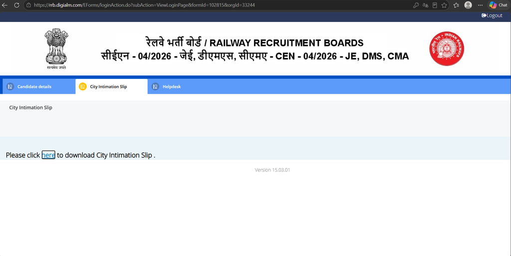 RRB JE City Intimation Slip Cheak 2026